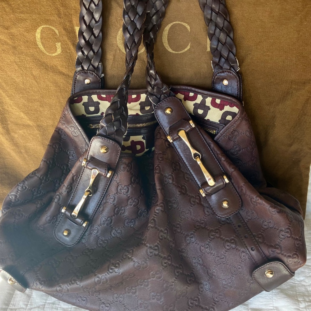 Vintage Gucci Brown Leather Guccissima Monogram Shoulder Bag Braided Straps